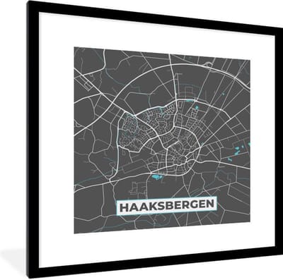 Fotolijst incl. Poster - Plattegrond - Haaksbergen - Grijs - Blauw - 40x40 cm - Posterlijst - Stadskaart