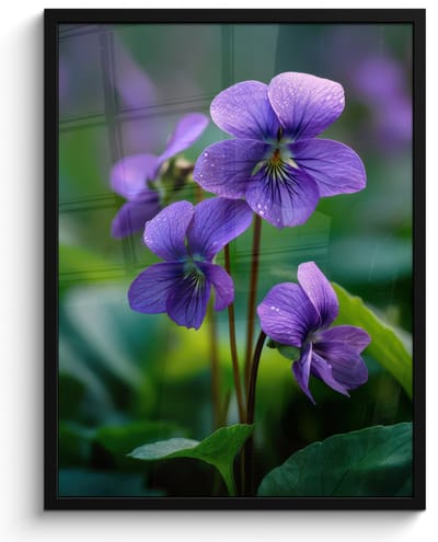 Poster in lijst - Fotolijst 50x70 cm - Posters - Viooltjes - Paars - Bloem - Bladeren - Posterlijst zwart - Decoratie - Wanddecoratie woonkamer - Muurdecoratie slaapkamer