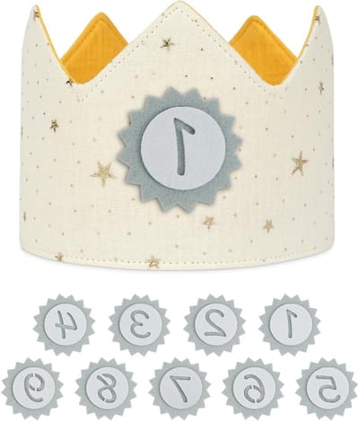 Verjaardagskroon voor Kinderen met Verwisselbare Cijfers van 0 tot 9, Feesthoed voor Verjaardagsfeestjes, Witte Stoffen Hoed, 22"x7