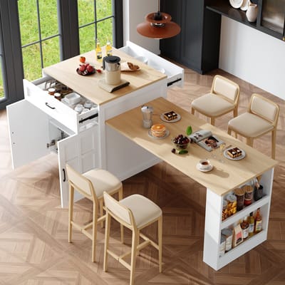 Uitschuifbare bartafel met opbergruimte (133-202×70×93,5cm), met twee lades en vier compartimenten, uitschuifbare keukentafel, voor 2-6 personen, keukentafel met zijplanken, wit