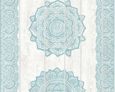 MANDALA OP HOUT BEHANG - Blauw Grijs Groen - AS Creation Boho Love