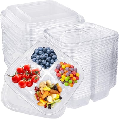 25 stuks bento-snackcontainers, 16 cm x 16 cm, 4 vakken, bento-broodtrommel, stapelbare voedselopslagcontainers, lekvrije portiecontrole, maaltijdvoorbereidingsdoos voor school, werk, reizen