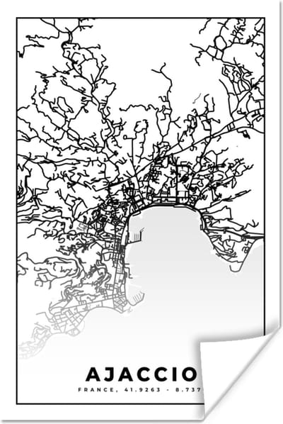 Poster Kaart - Stadskaart - Ajaccio - Frankrijk - Plattegrond - Zwart wit - 120x180 cm XXL