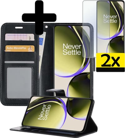 Hoesje - Met 2x Screenprotector - Geschikt voor OnePlus Nord CE 3 Lite - Luxe Pasjeshouder - Bookcase Portemonee - Flip Case - Kunstleer Book Case - Flipcase Hoes - Book Cover - Walletcase - Portemonneehoes - Telefoonhoesjes - Zwart