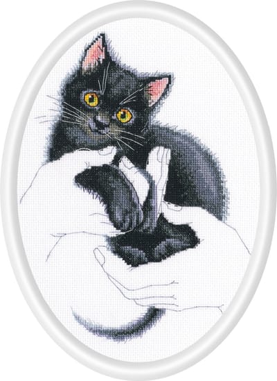 RTO - Borduurpakket met telpatroon - 26.M906 - Voorgesorteerde DMC Garens - Kitten in handpalmen - Aida - 16.5 cm x 21.5 cm - DIY Kit