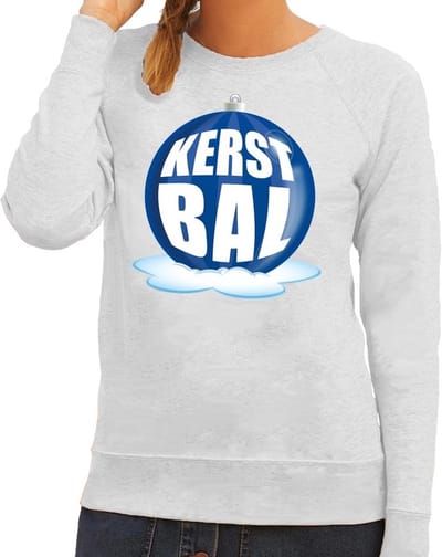 Foute kersttrui kerstbal blauw op grijze sweater voor dames - kersttruien XS