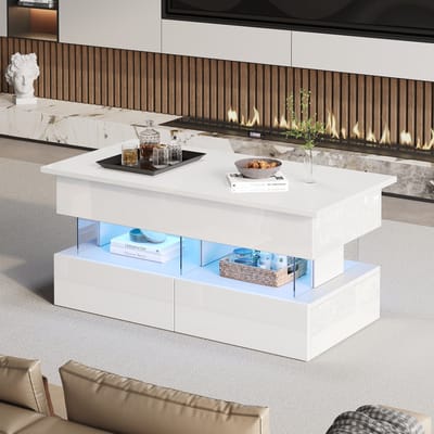 HAUSS SPOLE Salontafels - Koffietafel Hoogglans Verstelbaar Met 2 Laden En LED-App - 120x50x46 cm - Spaanplaat - Wit