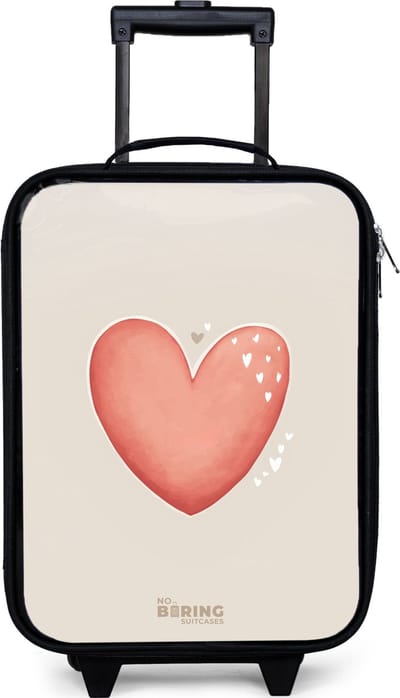 NoBoringSuitcases.com® - Kinderkoffer jongen - Kindertrolley meisje - Rood hart op een beige achtergrond - Koffer kind lichtgewicht - Reiskoffer trolley voor kinderen - Koffertje met lichtgevende wieltjes - Rolkoffer zwart