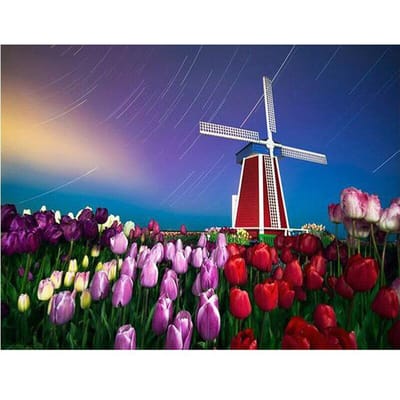 Peinture au Diamant 5D DIY Point de Croix Broderie Diamant Ronde Image Tulipe & Moulin à Vent 20X30CM blue