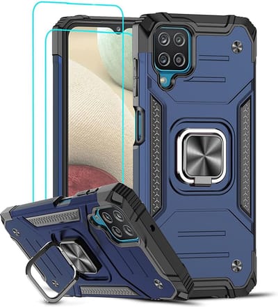 Hoesje Geschikt Voor Samsung Galaxy A12 Hoesje Heavy Duty Armor Hoesje Blauw - Galaxy A12 Case Kickstand Ring cover met Magnetisch Auto Mount- Hoesje Geschikt Voor Samsung Galaxy A12 screenprotector 2 pack