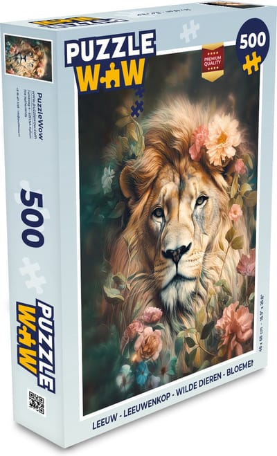 Puzzel Leeuw - Leeuwenkop - Wilde dieren - Bloemen - Legpuzzel - Puzzel 500 stukjes