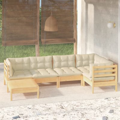 vidaXL - 6-delige - Loungeset - met - crèmekleurige - kussens - massief - grenenhout