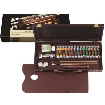 Oil Colour kist "Traditional" 15 x 15 ml + 1 x 40 ml olieverf met penselen, palet, paletdoppen en hulpmiddelen