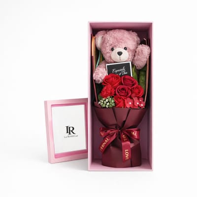 Luxe Cadeau box met Teddy beer en Rode Rozen Voor Vaderdag – Geschenkset – Valentijn Cadeau – Roze Doos