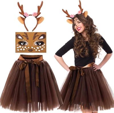 Dames Kerst Kostuum met Rendier Hoofdband, Tails, Tulle Rok en Tijdelijke Tattoos voor Halloween en Cosplay - 5 Delig Set
