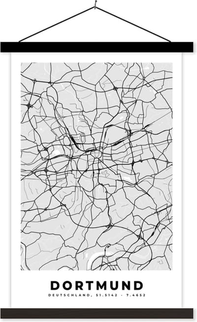 Posterhanger incl. Poster 40x60 cm - Schoolplaat - Kaart - Dortmund - Stadskaart - Duitsland - Plattegrond - Textielposter - Zwarte latten - Stadskaart