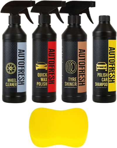 AutoFresh- Exterior Detailing Set (5 stuks)- Auto Was Set-Deatiling Set - Snel Wax Polish 500 ml, Auto Shampoo 500ml,Banden- en Bumper Glasbeschermer – 500ml,Velgenreiniger – 500ml,Autowasspon