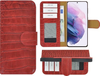 Hoesje Echt Leer Geschikt voor Samsung Galaxy S23 FE - Bookcase Hoesje - Samsung S23 FE Wallet Book Case Echt Leer Croco Rood Cover
