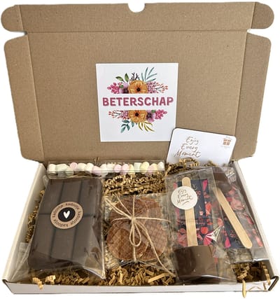 Beterschap choco brievenbus cadeau - chocolademelk - chocolade - marshmallow - stroopwafel