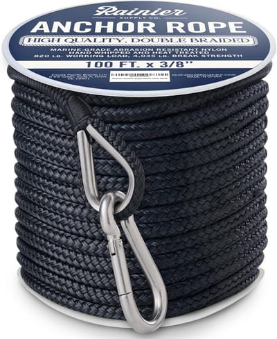 Dubbel Gevlochten Nylon Ankerlijn - 10mm x 30m Bootanker Touw met RVS Oog en Karabijnhaak