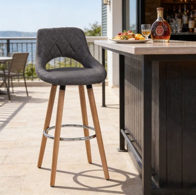 OKWISH Barkruk 68 cm - Ergonomische Zitting Met Rugleuning - Voor Keuken En Bar - Houten Poten - Linnen - Donkergrijs