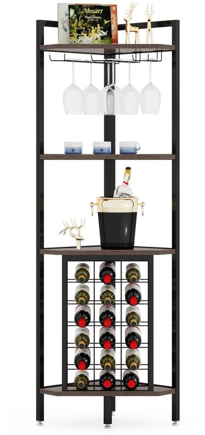 MakkelijkMooi 4-Laags Hoek Bar met Glazen Houder en Opbergplanken - Wijnrek - Rustiek Bruine Wijnkast - 160 x 40 x 40 (HxBxD)