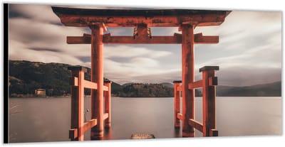KuijsFotoprint - Schilderij - Japanse Torii Aan Het Water - Zwart, Rood En Grijs - 100 X 200 Cm