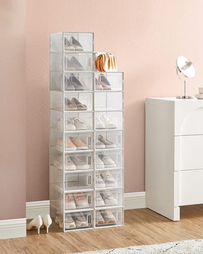 Famanu - Schoendozen, set van 18, opbergdozen voor schoenen, schoen organizer, plastic dozen, opvouwbaar en stapelbaar, voor schoenen tot maat 42, transparant wit LSP18SWT