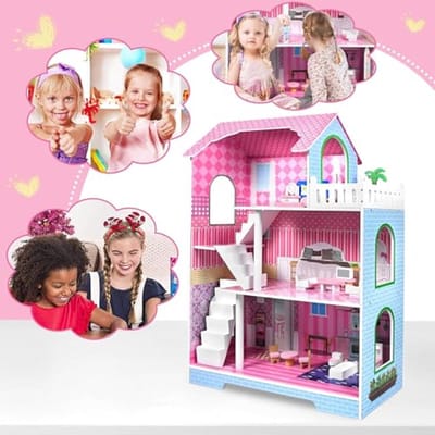Houten poppenhuis voor kinderen met meubels en accessoires - 3 verdiepingen speelset