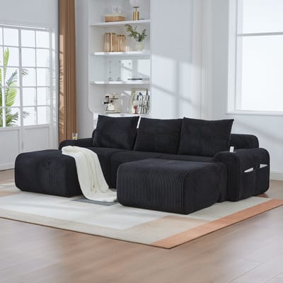 REDOM - Modulaire 3-Zitsbank - Met Bekerhouder En Opbergtas - Modern - Voor Woonkamer - Ribstof - Zwart - 268 x 174 x 66 cm