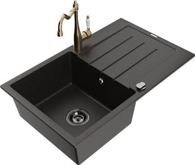 Mexen Bruno granieten gootsteen 1-baks met afdruiprek en keukenkraan Carla, zwart/goud metallic - 6513-75-670700-50-B