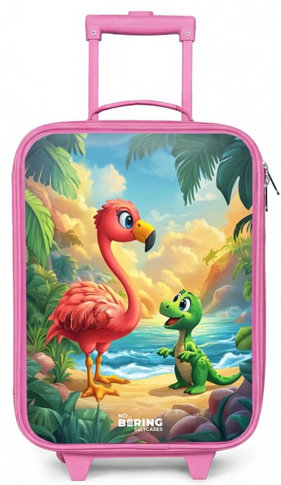 NoBoringSuitcases.com® - Kinderkoffer roze - Kindertrolley meisje - Flamingo en dinosaurus op strand bij ondergaande zon - Koffer kind lichtgewicht - Reiskoffer trolley voor kinderen - Koffertje met lichtgevende wieltjes - Rolkoffer