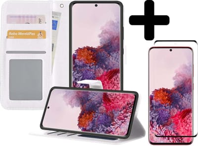 Hoesje - Met Screenprotector - Geschikt voor Samsung Galaxy S20 Plus - Luxe Pasjeshouder - Bookcase Portemonee - Flip Case - Kunstleer Book Case - Flipcase - Book Cover - Walletcase - Portemonneehoes - Telefoonhoesjes - Wit