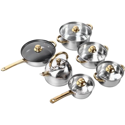 Lot de 12 casseroles de cuisine en acier inoxydable avec poignée dorée, lissantes, robustes et faciles à nettoyer L