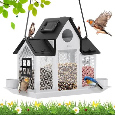 Oplaadbare Solar Voederhuis voor Vogels Buiten, Grote Metalen Vogelhuis Met Verlichting