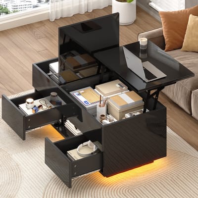 Salontafel - 100x45x43 cm - Liftfunctie Met 2 Lades En LED - Verborgen Opbergruimte - Spaanplaat - Zwart