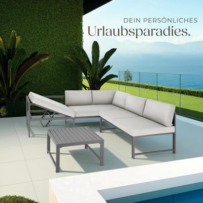 Tuinmeubelset Loungeset Aluminium 192,5x65x62 cm – 2 Banken met Verstelbare Rugleuning & Tafel – Lichtgewicht Outdoor Lounge met Kussens Weerbestendig Balkon/Terras – Lichtgrijs – Laura