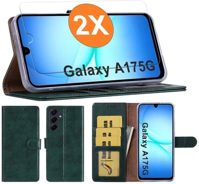 Hoesje geschikt voor Samsung Galaxy A17 5G hoesje Groen pasjeshouder telefoon hoes - Met screenprotector tempered glass voor Galaxy A17 5G - 2x