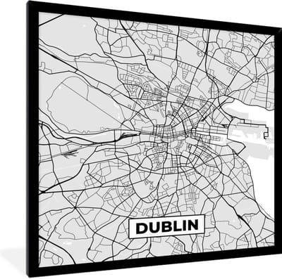 Fotolijst incl. Poster Zwart Wit- Dublin - Stadskaart - Zwart Wit - Plattegrond - Kaart - 40x40 cm - Posterlijst