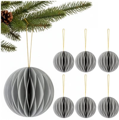 Springos Kerstbal | Papier | 8 Cm | 3D | Grijs | 6 Stuks
