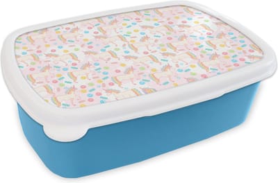 Broodtrommel Blauw - Lunchbox - Brooddoos - Unicorn - Snoep - Regenboog - 18x12x6 cm - Kinderen - Jongen
