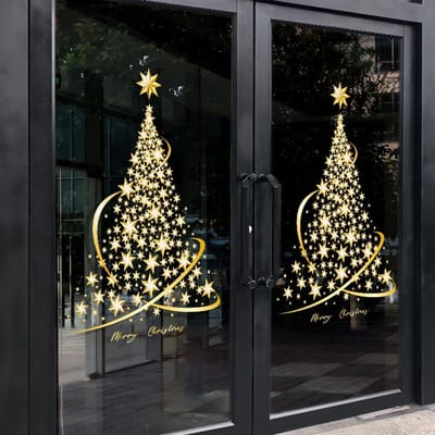 Raamsticker Kerstboom, voor op glas, statische goudkleurige sticker, doe-het-zelf, muur-, raam-, deursticker, voor etalages, 2 stuks