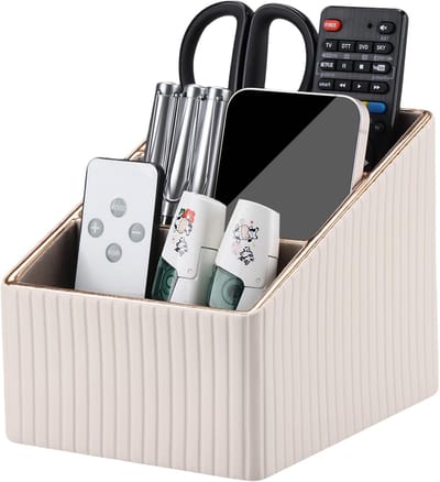 Bureau-organizer, PU-leer, bureauorganizer, 13 x 16,5 x 13 cm, afstandsbediening, organizer, afstandsbediening, met 3 vakken voor afstandsbedieningen, kantoormateriaal en mobiele telefoons