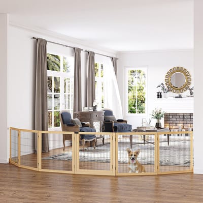HAUSS SPOLE Hondenhek - 432 x 36 x 70 cm - Dubbelzijdig Opvouwbaar - Hout en Staal - Naturel - Voor Deuropeningen, Gang en Trap