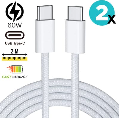 USB C naar USB C kabel - Set van 2 - 60W - 2 Meter Oplaadkabel - Snellader - Gevlochten Nylon