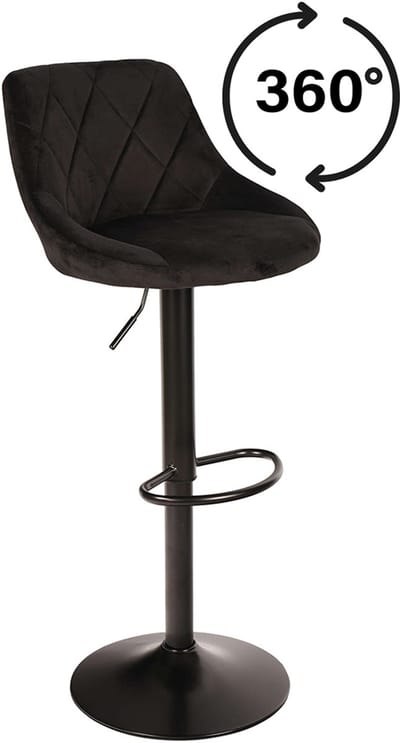 AZ Home - Barkruk Roma Zwart - Set van 2 - Velvet Zwart, Rugleuning, Modern Design, Hoogte Verstelbaar, 360° Draaibaar, Max. 120 kg
