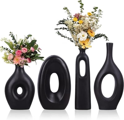 Set van 4 Zwarte Keramische Vazen, Ronde Holle Boho Vazen voor Pampasgras en Bloemen, Moderne Minimalistische Vazen voor Woonkamer, Slaapkamer en Tafeldecoratie
