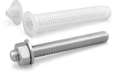 Schroefdraadstang met moer en sluitring voor chemisch verankering. Roestvrij staal. M10 x 130 mm. Inclusief nylon zeef (15 x 85 mm) voor bevestiging in baksteen/hol beton (8 stuks)