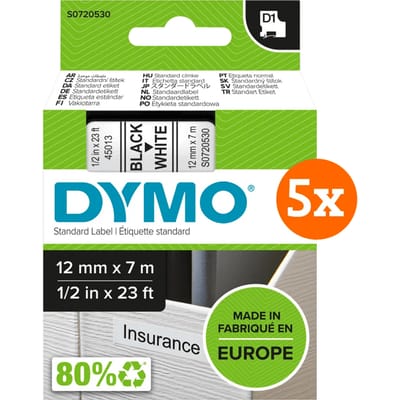 DYMO D1 12mm x 7m Zwart Wit Labels 5-pack