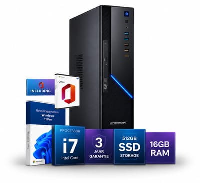Office PC i7 + Microsoft Office - ScreenON Ultra SFF - Intel Core i7 - 16GB RAM - 512GB SSD M.2 - Windows 11 Pro - WiFi & Bluetooth - DVD±RW - Zakelijke Werkcomputer - Kantoor Desktop PC - Thuiswerk Computer